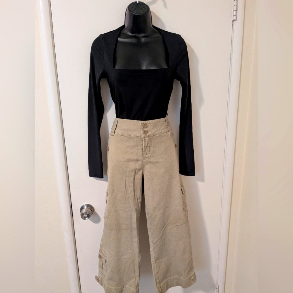 Black Long Sleeve Top and Tan Wide-Leg Pants